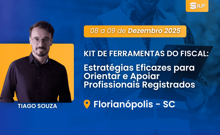 Kit de Ferramentas do Fiscal: Estratégias Eficazes para Orientar e Apoiar Profissionais Registrados, nos dias 08 e 09 de Dezembro de 2025. Presencial em Florianópolis – SC, com carga horária de 16 horas.