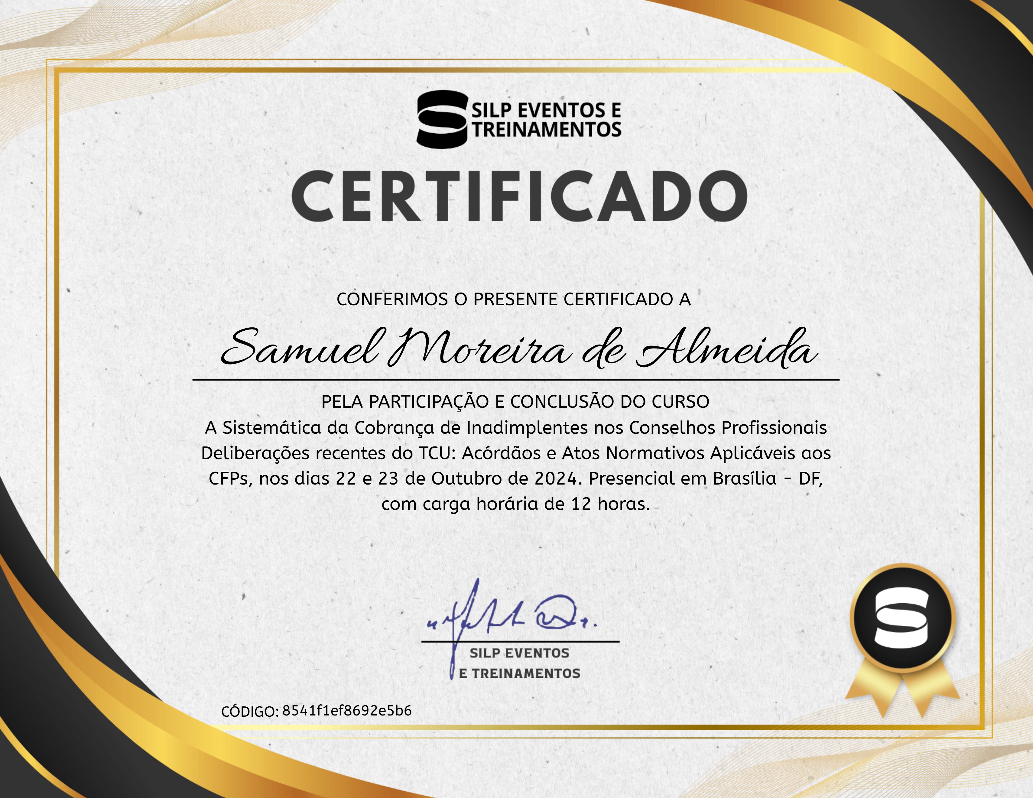 A Sistemática da Cobrança de Inadimplentes nos Conselhos Profissionais Deliberações recentes do TCU: Acórdãos e Atos Normativos Aplicáveis aos CFPs, nos dias 22 e 23 de Outubro de 2024. Presencial em Brasília - DF, com carga horária de 12 horas.